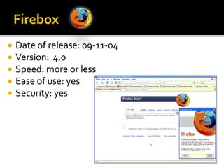 FireboxDate of release: 09-11-04Version:  4.0Speed: more orlessEase of use: yes Security: yes