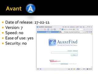 AvantDate of release: 27-02-11Version: 7Speed: noEase of use: yesSecurity: no