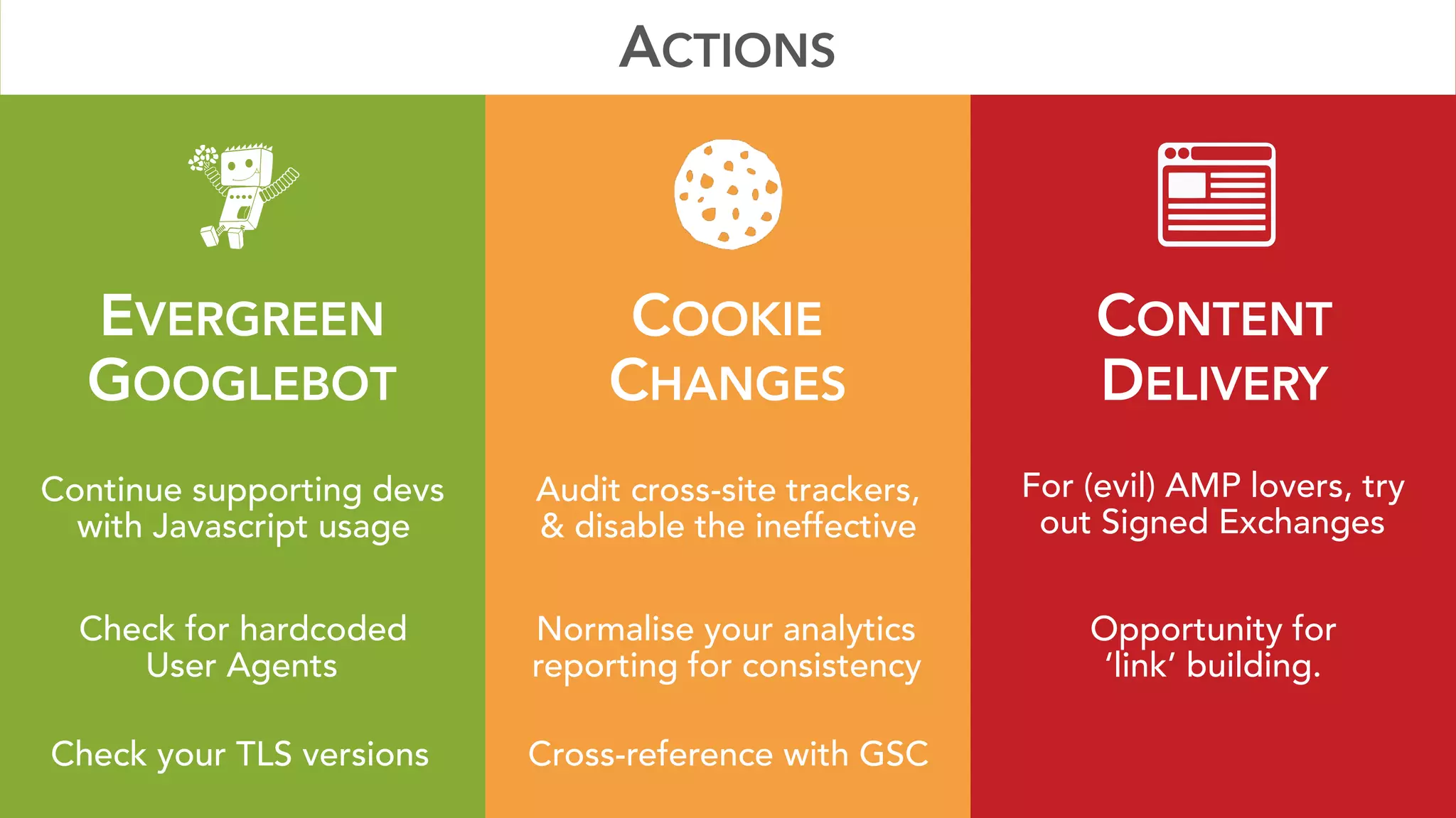 EVERGREEN 
GOOGLEBOT
COOKIE 
CHANGES
CONTENT 
DELIVERY
Continue supporting devs
with Javascript usage
Audit cross-site trackers, 
& disable the ineffective
For (evil) AMP lovers, try
out Signed Exchanges
ACTIONS
Check your TLS versions
Check for hardcoded 
User Agents
Normalise your analytics 
reporting for consistency
Opportunity for 
‘link’ building.
Cross-reference with GSC
 