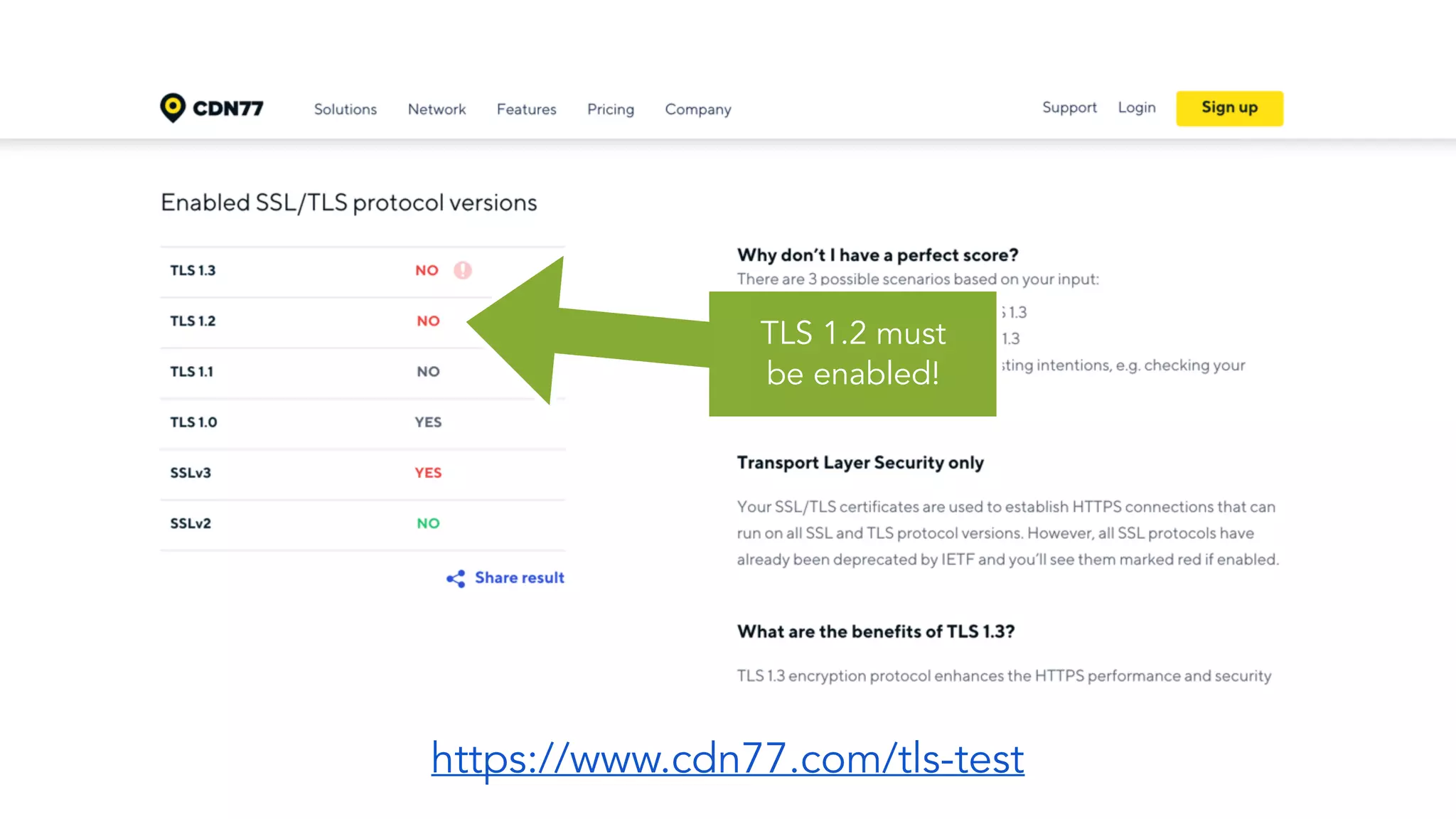 TLS 1.2 must 
be enabled!
https://www.cdn77.com/tls-test
 