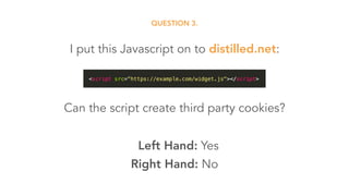 QUESTION 3.
I put this Javascript on to distilled.net:
Can the script create third party cookies?
Left Hand: Yes
Right Hand: No
 
