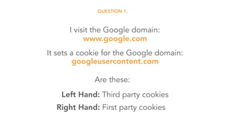 QUESTION 3.
I put this Javascript on to distilled.net:
Can the script create third party cookies?
Left Hand: Yes
Right Han...