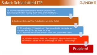 Safari: Schlachtfeld ITP
ITP blockiert oder beschränkt Cookies deutlich zum Schutz vor
domainübergreifendem Tracking durch Dritte. Erstmal 3rd Party…
Drittanbieter stellen auf First Party Cookies um (siehe fbclid)
ITP 2.1 beschränkt FPC Laufzeit auf 7 Tage, wenn Cookie clientseitig per
JS gesetzt wird. ITP 2.2 ggf. sogar nur 1 Tag.
ITP 2.3 behandelt localStorage ebenso, daher auch kein Ausweg (mehr)
GA, eTracker, Matomo, Piwik PRO, Testingtools, externe Erweiterungen
der Website… setzen alle auf clientseitige FPC oder z. T. localStorage
Problem!
 