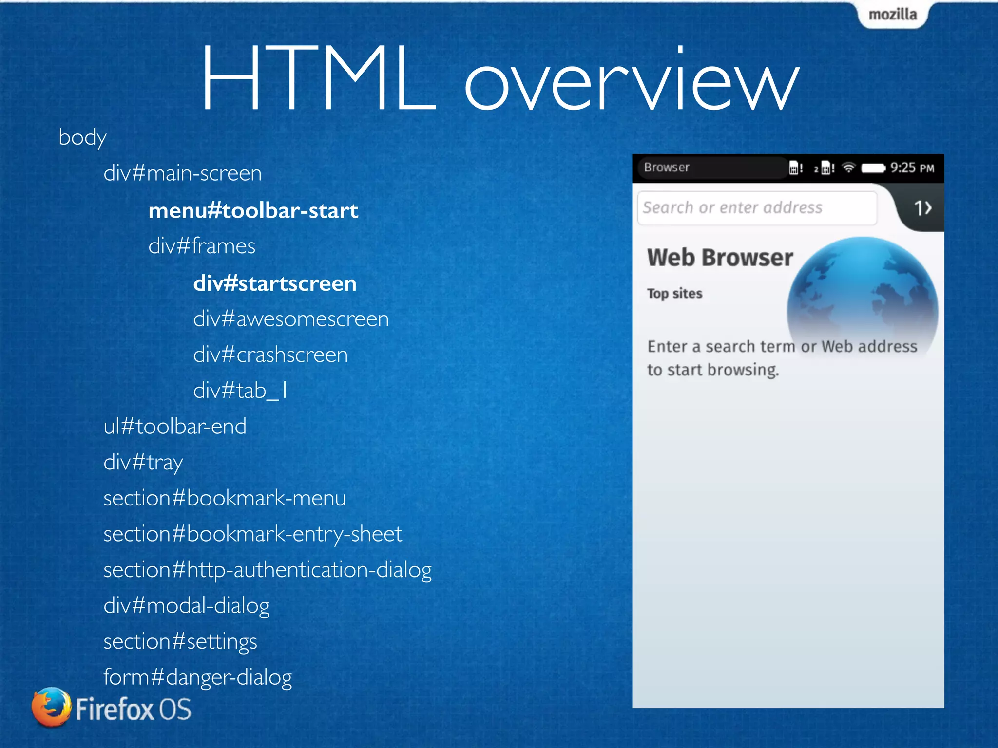body 
HTML overview 
div#main-screen 
menu#toolbar-start 
div#frames 
div#startscreen 
div#awesomescreen 
div#crashscreen 
div#tab_1 
ul#toolbar-end 
div#tray 
section#bookmark-menu 
section#bookmark-entry-sheet 
section#http-authentication-dialog 
div#modal-dialog 
section#settings 
form#danger-dialog 
 