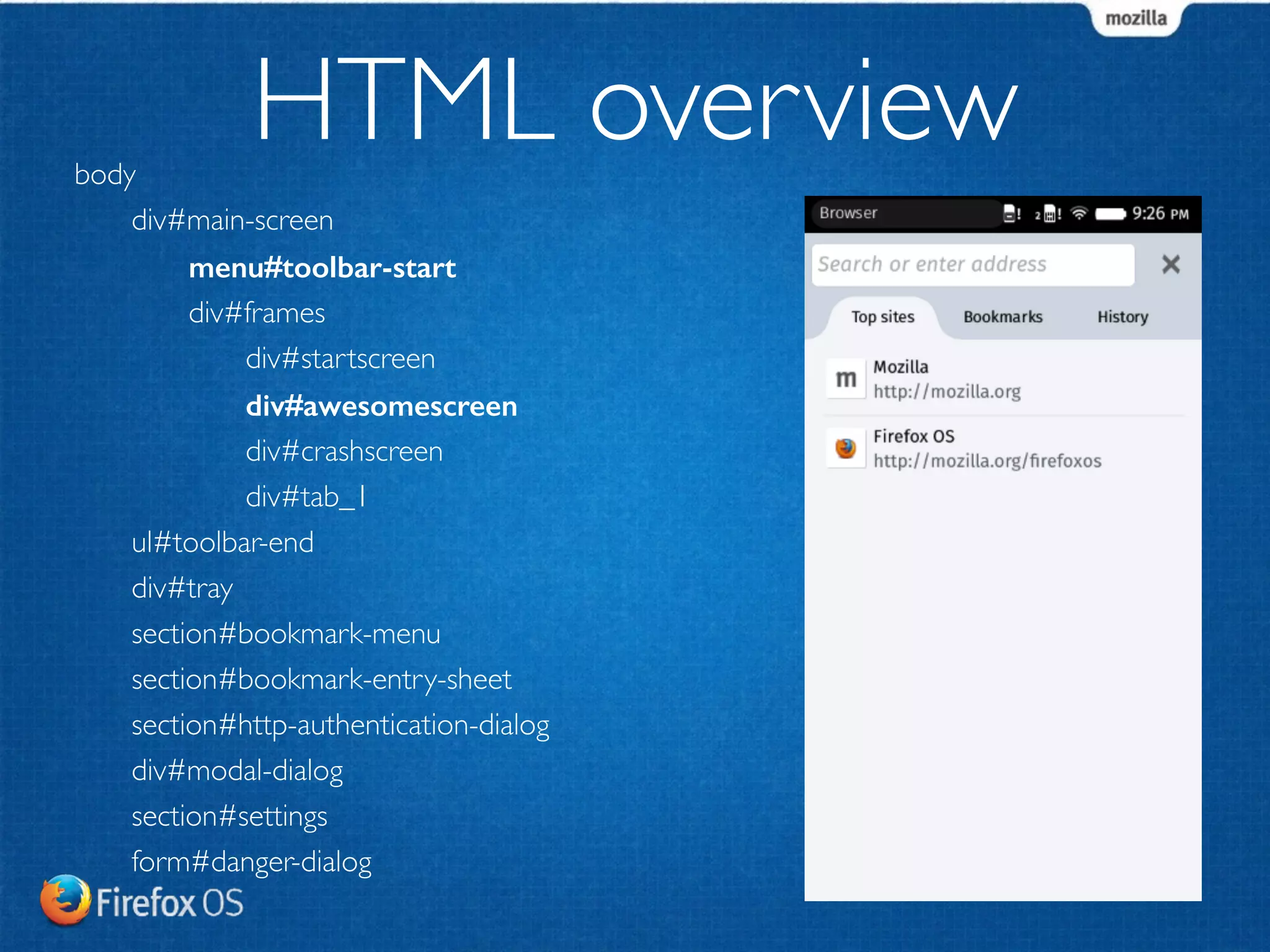 body 
HTML overview 
div#main-screen 
menu#toolbar-start 
div#frames 
div#startscreen 
div#awesomescreen 
div#crashscreen 
div#tab_1 
ul#toolbar-end 
div#tray 
section#bookmark-menu 
section#bookmark-entry-sheet 
section#http-authentication-dialog 
div#modal-dialog 
section#settings 
form#danger-dialog 
 