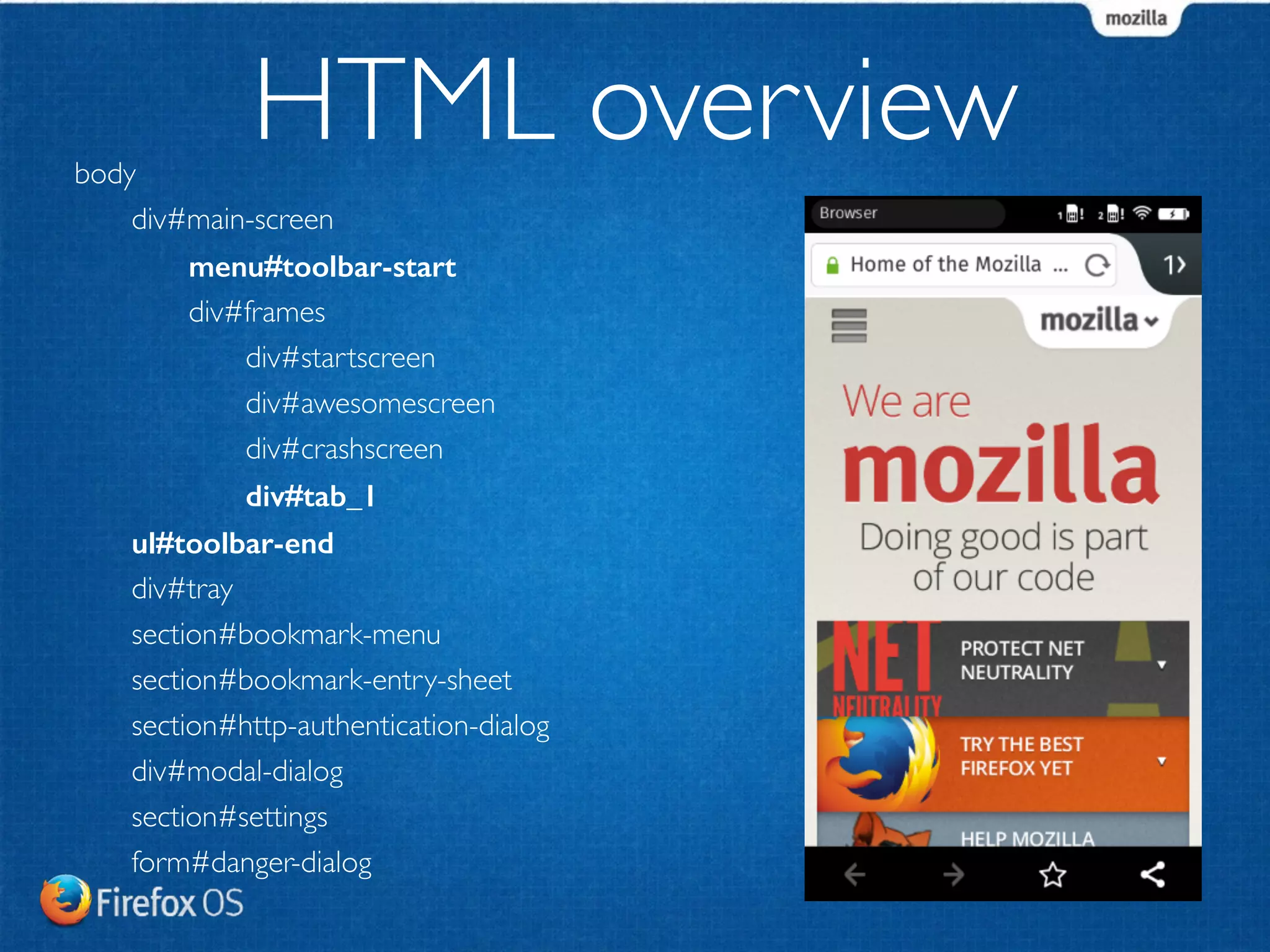 body 
HTML overview 
div#main-screen 
menu#toolbar-start 
div#frames 
div#startscreen 
div#awesomescreen 
div#crashscreen 
div#tab_1 
ul#toolbar-end 
div#tray 
section#bookmark-menu 
section#bookmark-entry-sheet 
section#http-authentication-dialog 
div#modal-dialog 
section#settings 
form#danger-dialog 
 