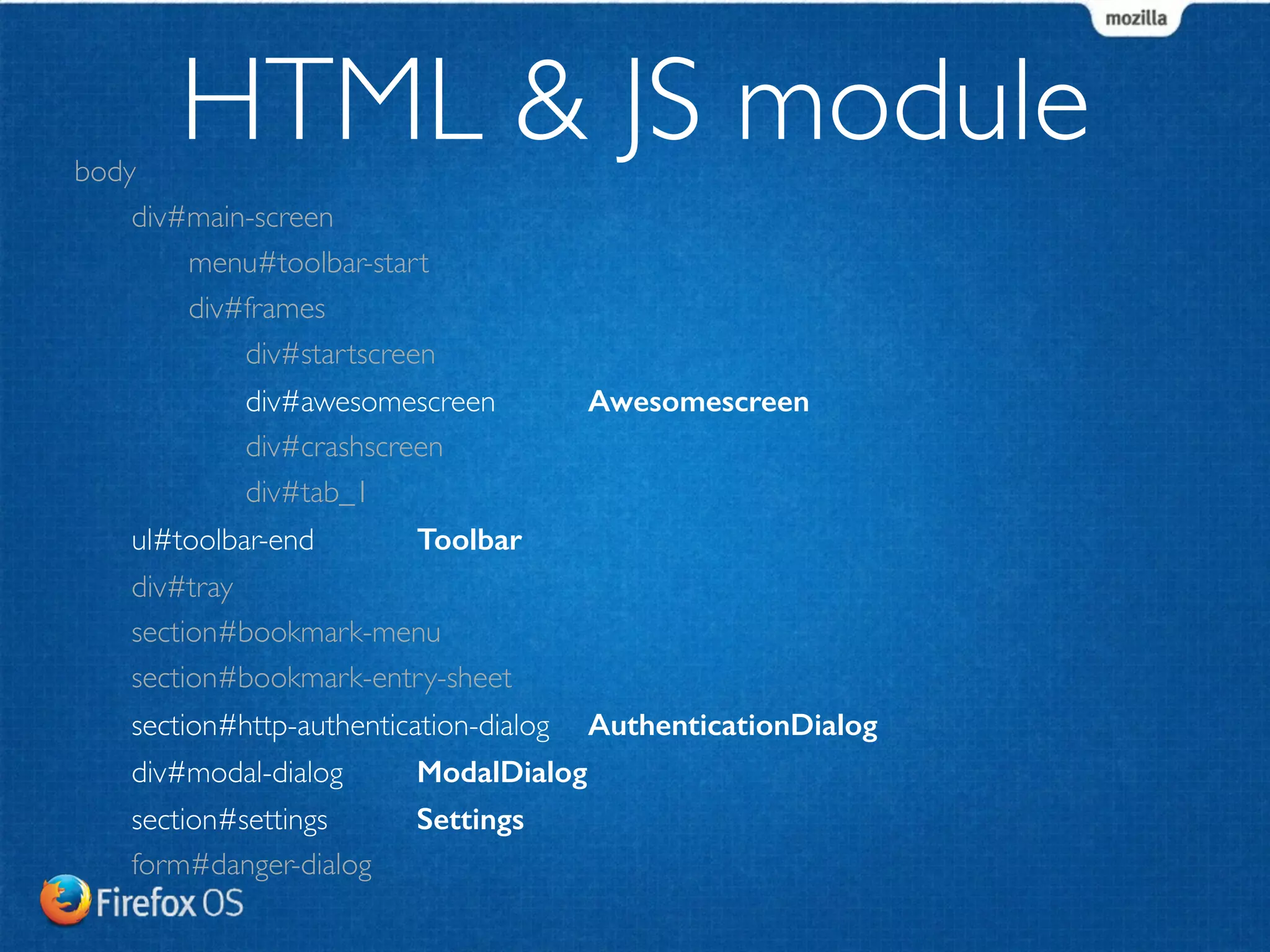 body 
HTML & JS module 
div#main-screen 
menu#toolbar-start 
div#frames 
div#startscreen 
div#awesomescreen 
Awesomescreen 
div#crashscreen 
div#tab_1 
ul#toolbar-end 
Toolbar 
div#tray 
section#bookmark-menu 
section#bookmark-entry-sheet 
section#http-authentication-dialog 
AuthenticationDialog 
div#modal-dialog 
ModalDialog 
section#settings 
Settings 
form#danger-dialog 
 