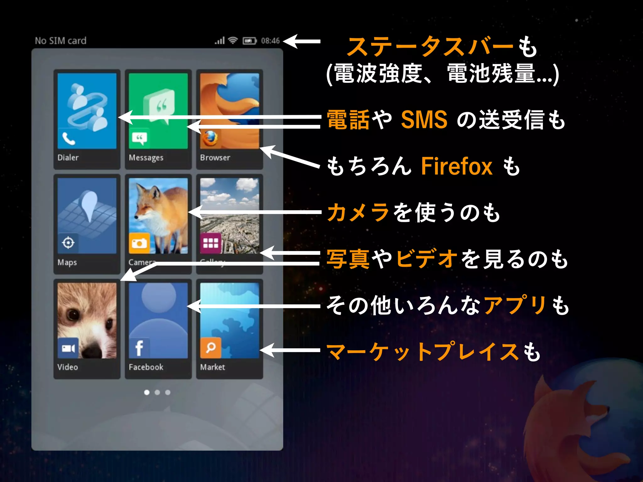 ステータスバーも
(電波強度、電池残量...)

電話や SMS の送受信も

もちろん Firefox も

カメラを使うのも

写真やビデオを見るのも

その他いろんなアプリも

マーケットプレイスも
 