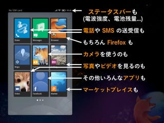ステータスバーも
(電波強度、電池残量...)

電話や SMS の送受信も

もちろん Firefox も

カメラを使うのも

写真やビデオを見るのも

その他いろんなアプリも

マーケットプレイスも
 