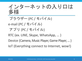インターネットの入り口は
多様
ブラウザー (PC / モバイル)
e-mail (PC / モバイル)
アプリ (PC / モバイル)
RTC (ex. LINE, Skype, WhatsApp, … )
Device (Camera,MusicPlayer,GamePlayer,…)
IoT (Everything connect to Internet, wow!)
2015/1/31 © 2015 Murachi Akira - CC BY-NC-ND - MVP Community Camp 2015 8
 