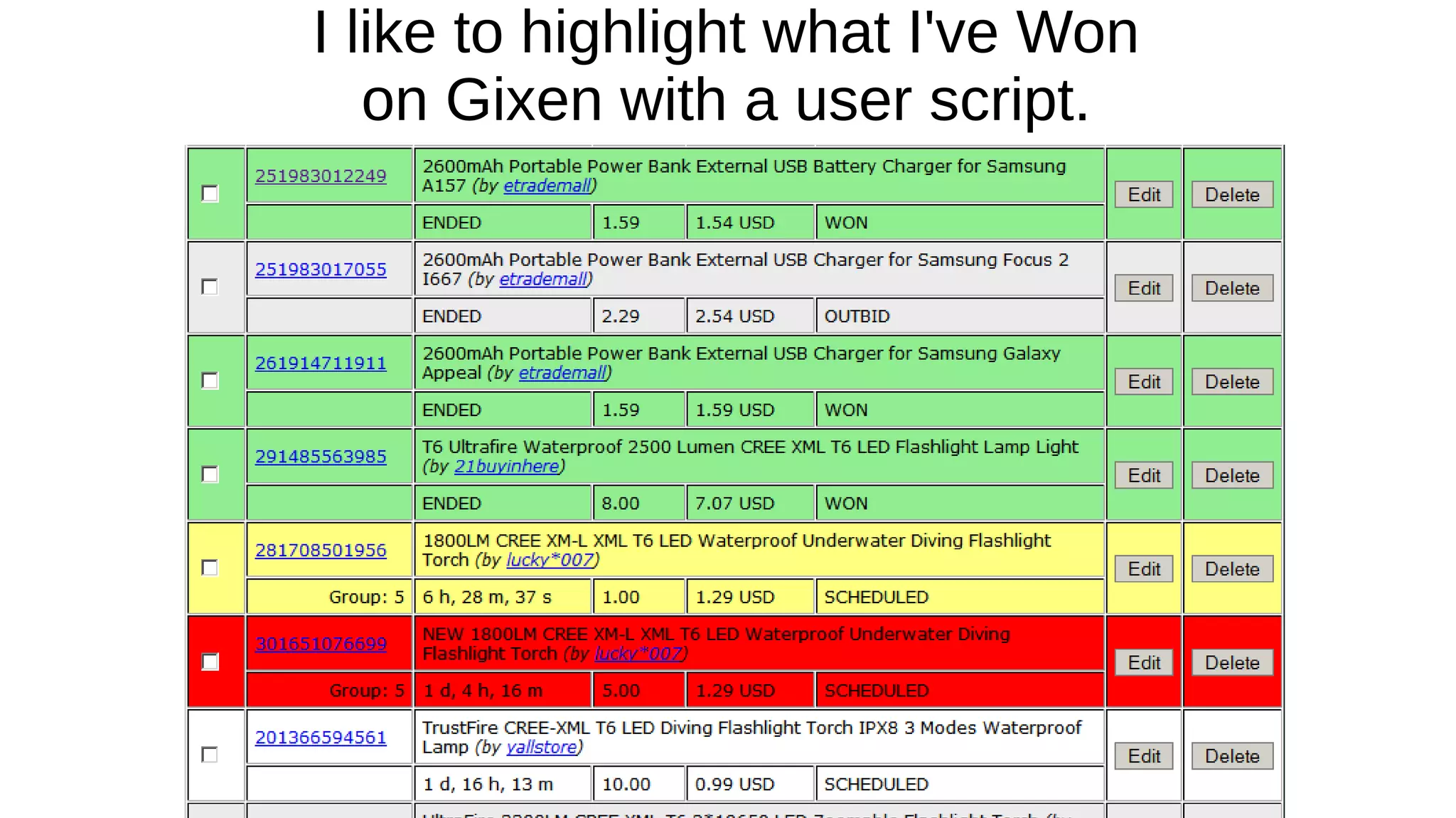 I like to highlight what I've Won
on Gixen with a user script.
 