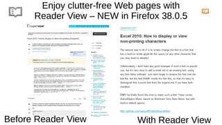 Enjoy clutter-free Web pages with
Reader View – NEW in Firefox 38.0.5
With Reader ViewBefore Reader View
 