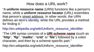 How does a URL work?
“A uniform resource name (URN) functions like a person's
name, while a uniform resource locator (URL) resembles
that person's street address. In other words: the URN
defines an item's identity, while the URL provides a method
for finding it.”
http://en.wikipedia.org/wiki/Uniform_resource_identifier
“The URI syntax consists of a URI scheme name (such as
"http", "ftp", "mailto", "crid" or "file") followed by a colon
character, and then by a scheme-specific part.”
http://en.wikipedia.org/wiki/Uniform_resource_identifier
 