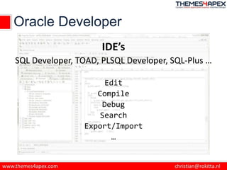 Oracle Developer
IDE’s
SQL Developer, TOAD, PLSQL Developer, SQL-Plus …
Edit
Compile
Debug
Search
Export/Import
…
 