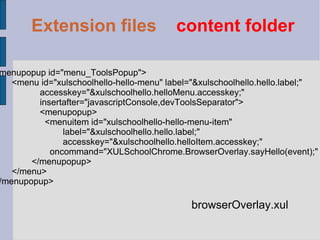 <menupopup id="menu_ToolsPopup">   <menu id="xulschoolhello-hello-menu" label="&xulschoolhello.hello.label;" accesskey="&xulschoolhello.helloMenu.accesskey;" insertafter="javascriptConsole,devToolsSeparator"> <menupopup>     <menuitem id="xulschoolhello-hello-menu-item" label="&xulschoolhello.hello.label;" accesskey="&xulschoolhello.helloItem.accesskey;"   oncommand="XULSchoolChrome.BrowserOverlay.sayHello(event);" />   </menupopup>   </menu> </menupopup> browserOverlay.xul Extension files   content folder 