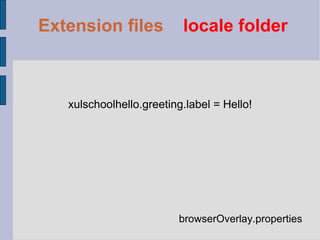 browserOverlay.properties xulschoolhello.greeting.label = Hello! Extension files   locale folder 