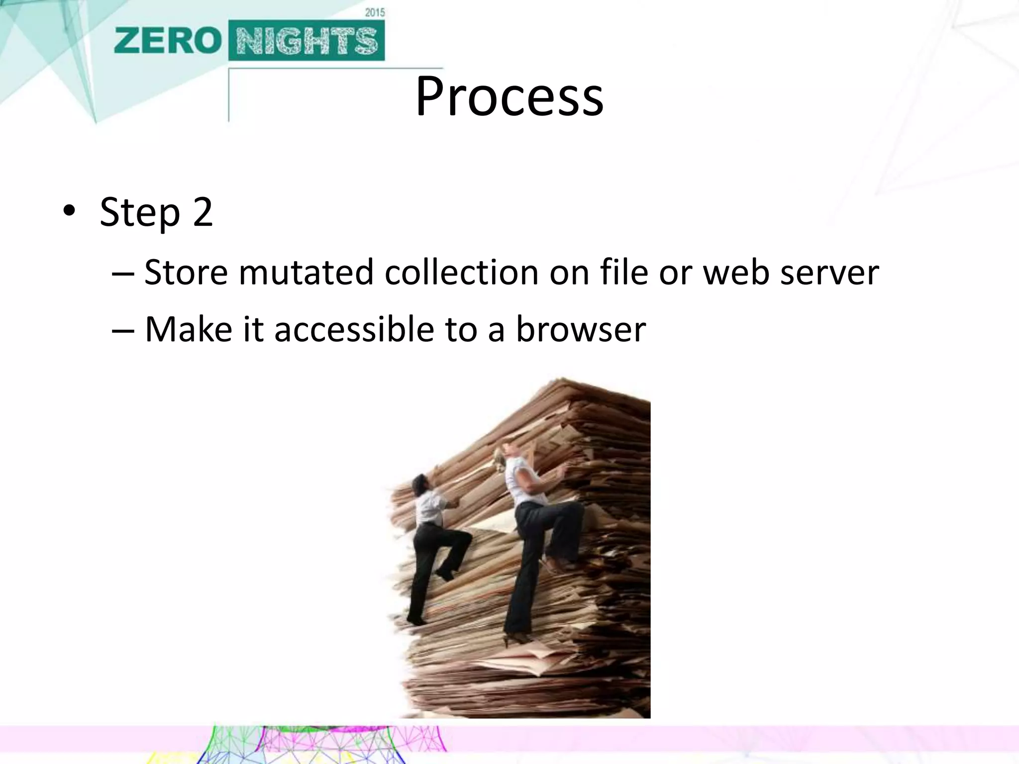 Process
• Step 2
– Store mutated collection on file or web server
– Make it accessible to a browser
 