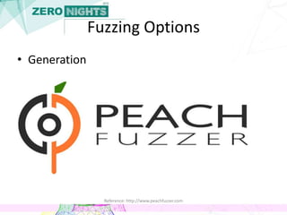 Fuzzing Options
• Mutation
– Zzuf is the canonical example here
Reference: http://caca.zoy.org/wiki/zzuf
 