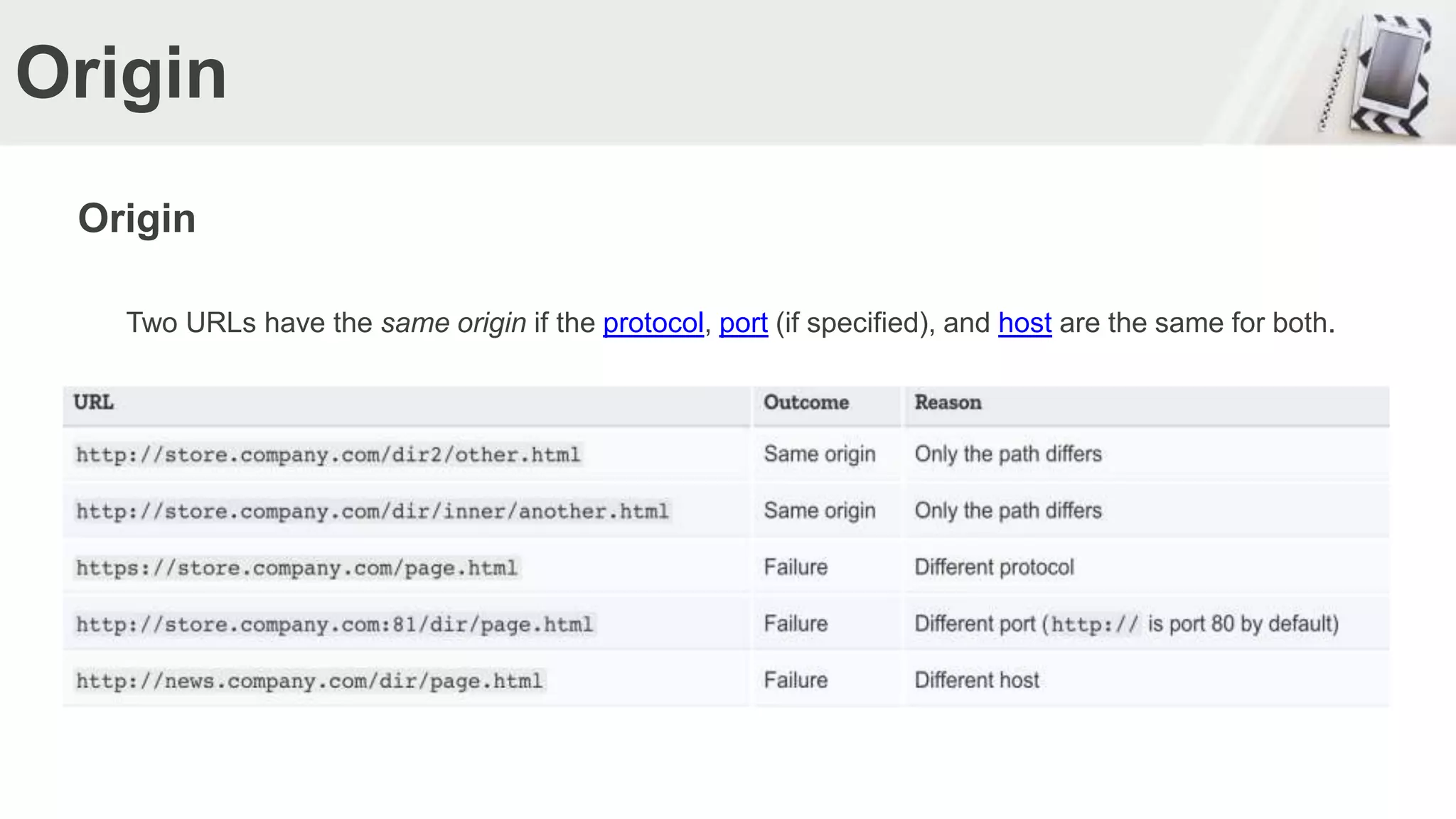 Origin
Origin
Two URLs have the same origin if the protocol, port (if specified), and host are the same for both.
 