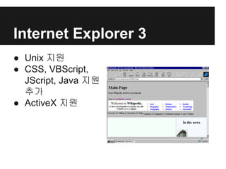 Internet Explorer 3
● Unix 지원
● CSS, VBScript,
JScript, Java 지원
추가
● ActiveX 지원
 
