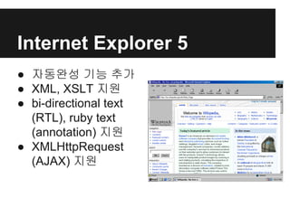 Internet Explorer 5
● 자동완성 기능 추가
● XML, XSLT 지원
● bi-directional text
(RTL), ruby text
(annotation) 지원
● XMLHttpRequest
(AJAX) 지원
 