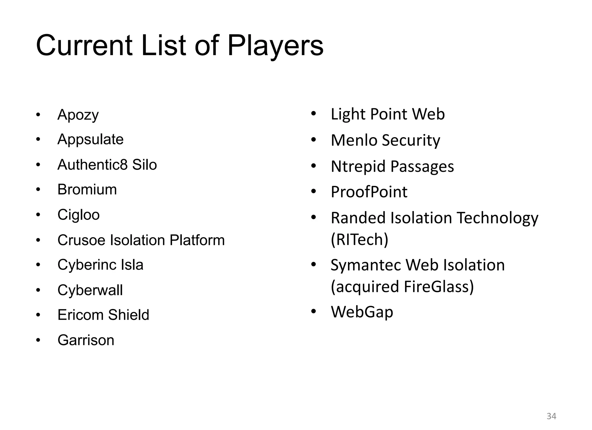 Current List of Players
• Apozy
• Appsulate
• Authentic8 Silo
• Bromium
• Cigloo
• Crusoe Isolation Platform
• Cyberinc Isla
• Cyberwall
• Ericom Shield
• Garrison
• Light Point Web
• Menlo Security
• Ntrepid Passages
• ProofPoint
• Randed Isolation Technology
(RITech)
• Symantec Web Isolation
(acquired FireGlass)
• WebGap
34
 