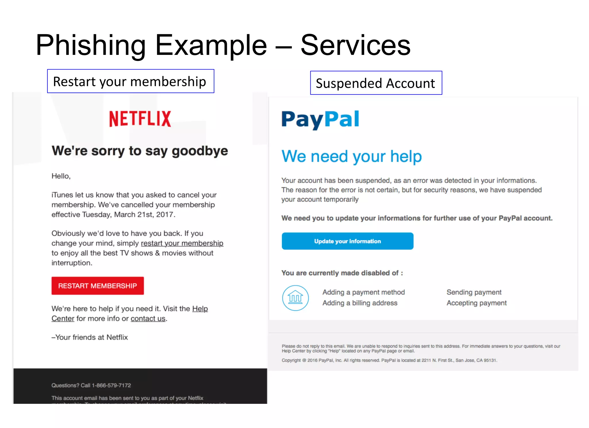 Phishing Example – Services
Restart your membership Suspended Account
 