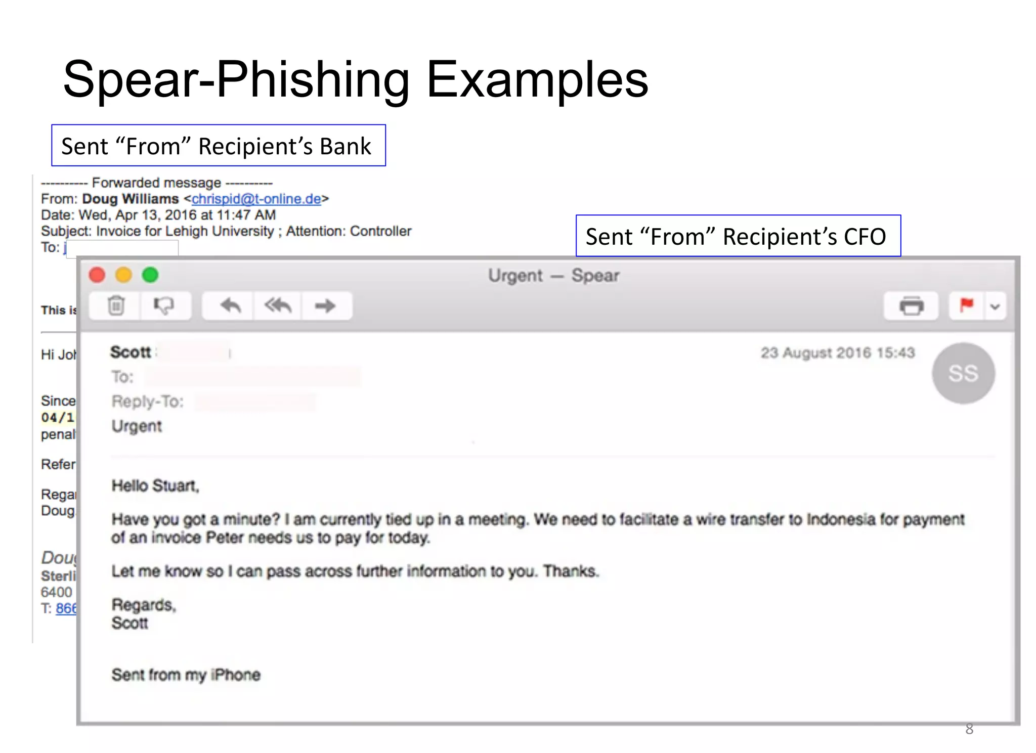Spear-Phishing Examples
Sent “From” Recipient’s Bank
Sent “From” Recipient’s CFO
8
 