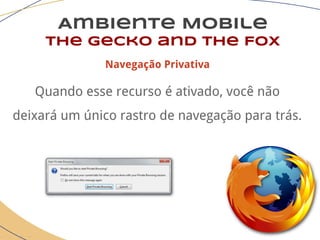 Ambiente Mobile
The Gecko and the Fox
Navegação Privativa
Quando esse recurso é ativado, você não
deixará um único rastro de navegação para trás.
 