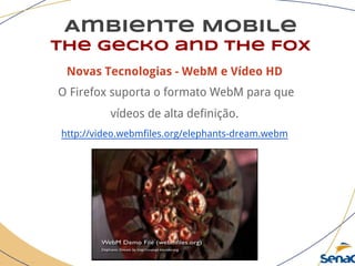 Ambiente Mobile
The Gecko and the Fox
Novas Tecnologias - WebM e Vídeo HD
O Firefox suporta o formato WebM para que
vídeos de alta definição.
http://video.webmfiles.org/elephants-dream.webm
 