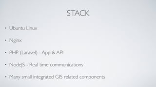 STACK
• Ubuntu Linux
• Nginx
• PHP (Laravel) - App & API
• NodeJS - Real time communications
• Many small integrated GIS related components
 