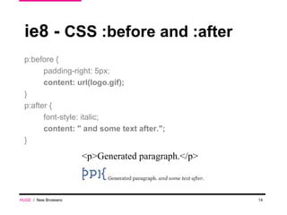 ie8 -  CSS :before and :after p:before { padding-right: 5px; content: url(logo.gif); } p:after { font-style: italic; content: " and some text after."; } HUGE   /  New Browsers <p>Generated paragraph.</p> 