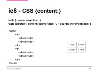 ie8 -  CSS {content:} table { counter-reset:item; } table td:before { content: counter(item) ". "; counter-increment: item; } <table> <tr> <td>item</td> <td>item</td> </tr> <tr> <td>item</td> <td>item</td> </tr> </table> HUGE   /  New Browsers 