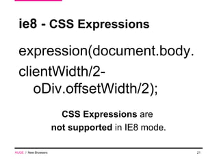 ie8 -  CSS Expressions expression(document.body. clientWidth/2-oDiv.offsetWidth/2); CSS Expressions  are  not supported  in IE8 mode. HUGE   /  New Browsers 