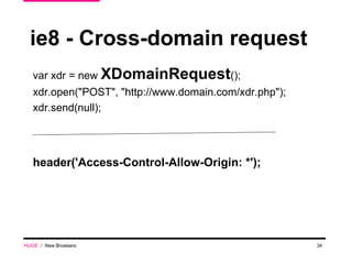 ie8 - Cross-domain request var xdr = new  XDomainRequest ();  xdr.open("POST", "http://www.domain.com/xdr.php"); xdr.send(null);  header('Access-Control-Allow-Origin: *');  HUGE   /  New Browsers 