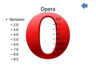 Opera
• Versions:       – 9.0
  – 2.0           – 9.1
  – 3.0           – 9.2
  – 4.0           – 9.5
  – 5.0           – 9.6
  – 6.0           – 10.0
  – 7.0           – 11.0
  – 8.0
  – 8.5
 
