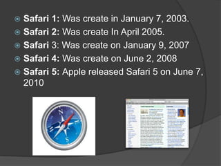 Safari 1: Wascreate in January 7, 2003.Safari 2: Wascreate In April2005.Safari 3: WascreateonJanuary 9, 2007Safari 4: Was create on June 2, 2008Safari 5: Apple released Safari 5 on June 7, 2010