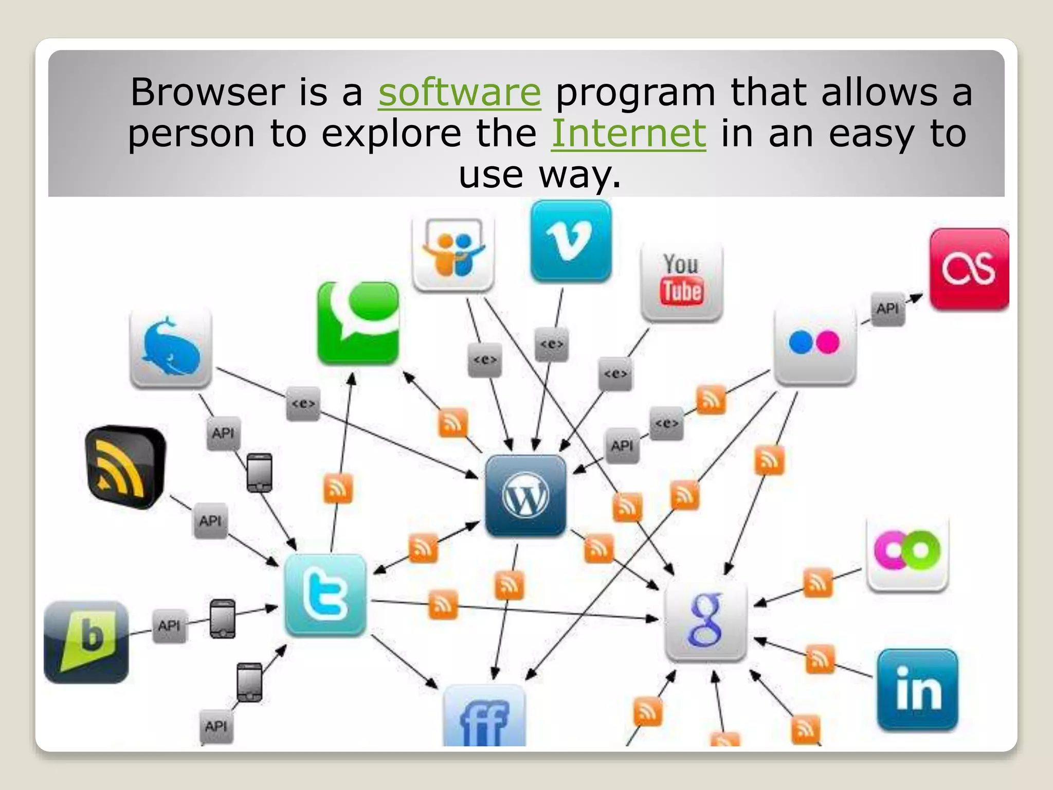Browser is a software program that allows a
person to explore the Internet in an easy to
use way.
02.01.2015 Browsers 9
 