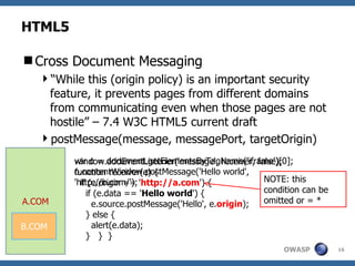 HTML5 ,[object Object],[object Object],[object Object],[object Object],[object Object],[object Object],[object Object],[object Object],[object Object],[object Object],[object Object],A.COM B.COM var o = document.getElementsByTagName('iframe')[0]; o.contentWindow.postMessage('Hello world', 'http://b.com/'); NOTE: this condition can be omitted or = * 