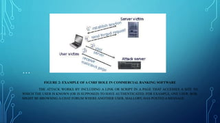 …
FIGURE 2: EXAMPLE OF A CSRF HOLE IN COMMERCIAL BANKING SOFTWARE
THE ATTACK WORKS BY INCLUDING A LINK OR SCRIPT IN A PAGE THAT ACCESSES A SITE TO
WHICH THE USER IS KNOWN (OR IS SUPPOSED) TO HAVE AUTHENTICATED. FOR EXAMPLE, ONE USER, BOB,
MIGHT BE BROWSING A CHAT FORUM WHERE ANOTHER USER, MALLORY, HAS POSTED A MESSAGE.
 