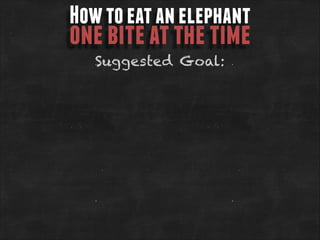 How to eat an elephant

one bite at the time
Suggested Goal:

 