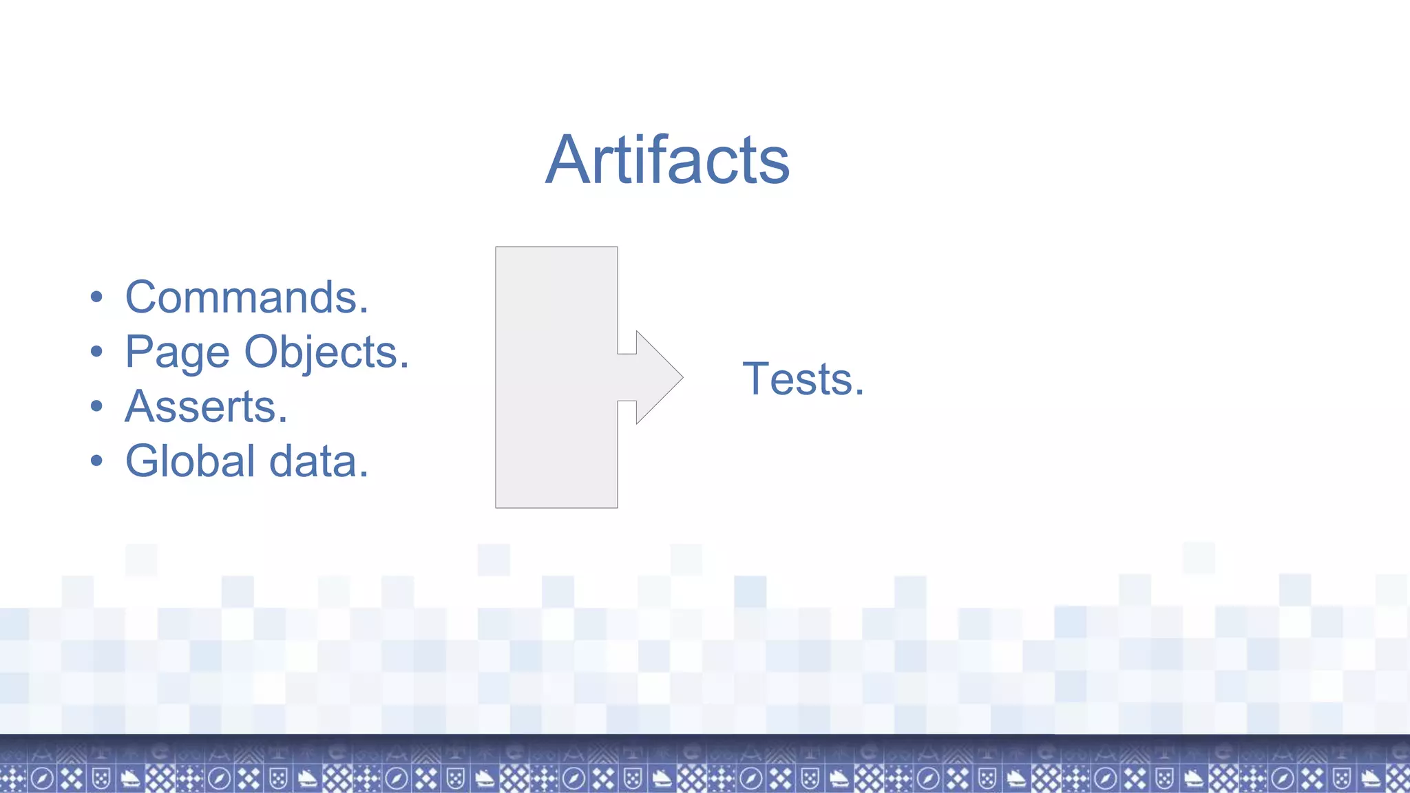 • Commands. • Page Objects. • Asserts. • Global data. Artifacts Tests. 