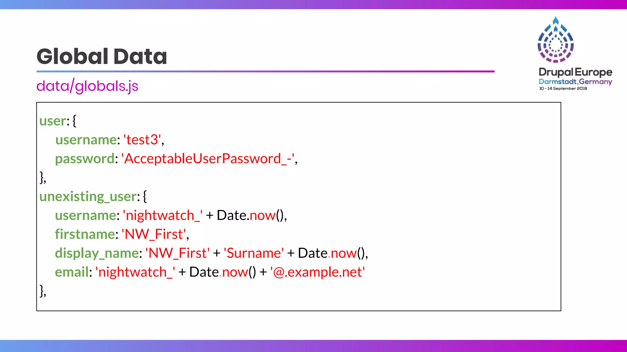 Global Data
data/globals.js
user: {
username: 'test3',
password: 'AcceptableUserPassword_-',
},
unexisting_user: {
username: 'nightwatch_' + Date.now(),
firstname: 'NW_First',
display_name: 'NW_First' + 'Surname' + Date.now(),
email: 'nightwatch_' + Date.now() + '@.example.net'
},
 
