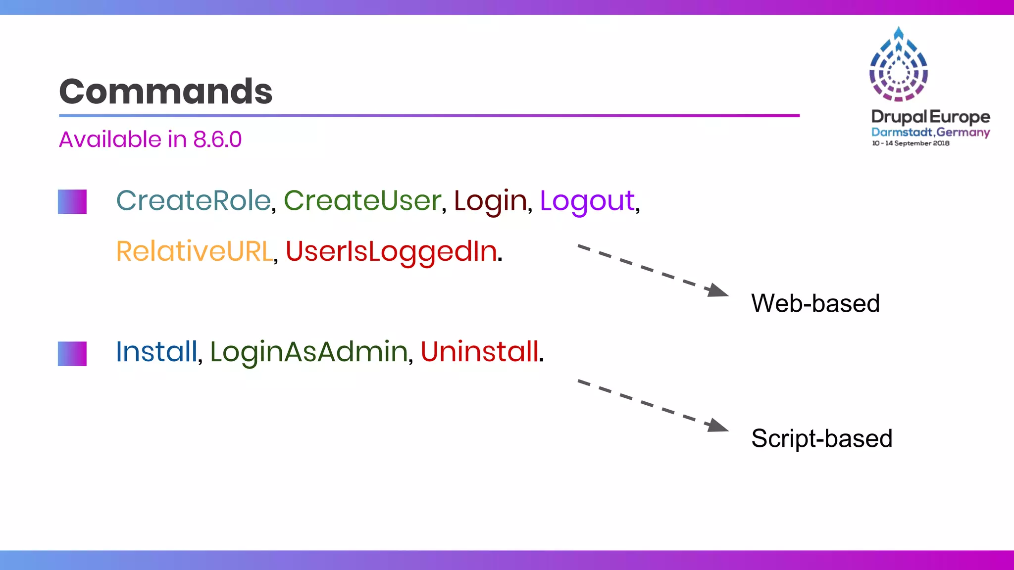 CreateRole, CreateUser, Login, Logout,
RelativeURL, UserIsLoggedIn.
Commands
Available in 8.6.0
Install, LoginAsAdmin, Uninstall.
Script-based
Web-based
 