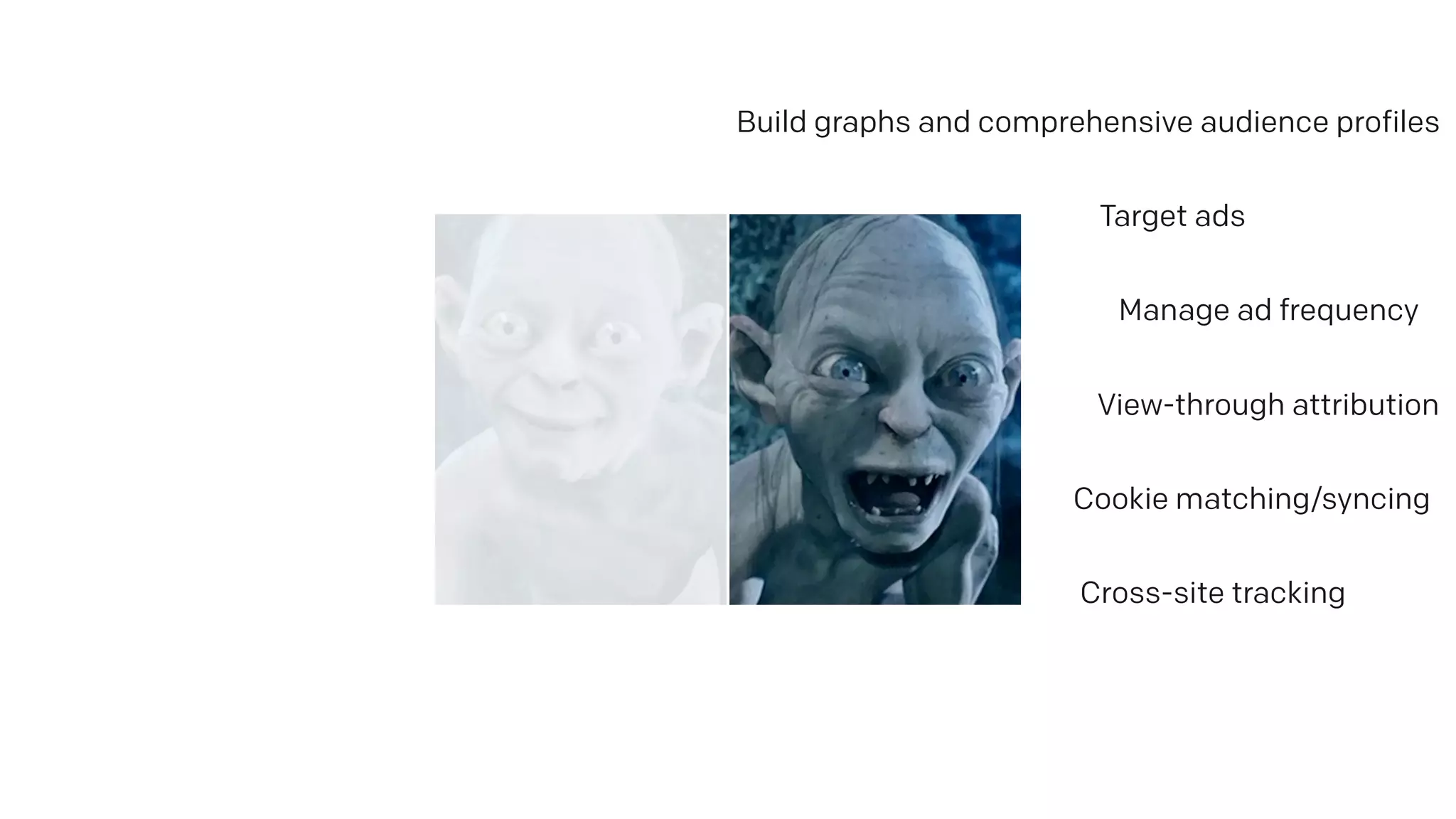 Manage ad frequency
Build graphs and comprehensive audience profiles
Cross-site tracking
Cookie matching/syncing
View-through attribution
Target ads
 
