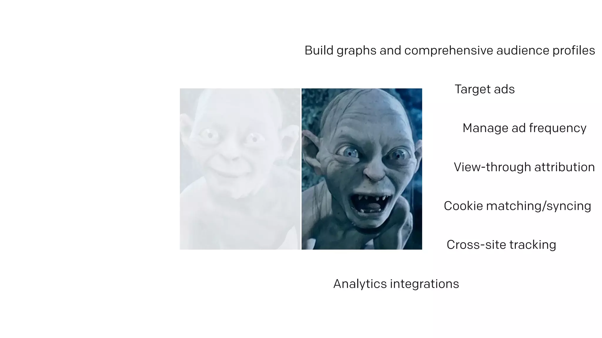 Manage ad frequency
Build graphs and comprehensive audience profiles
Cross-site tracking
Cookie matching/syncing
View-through attribution
Target ads
Analytics integrations
 