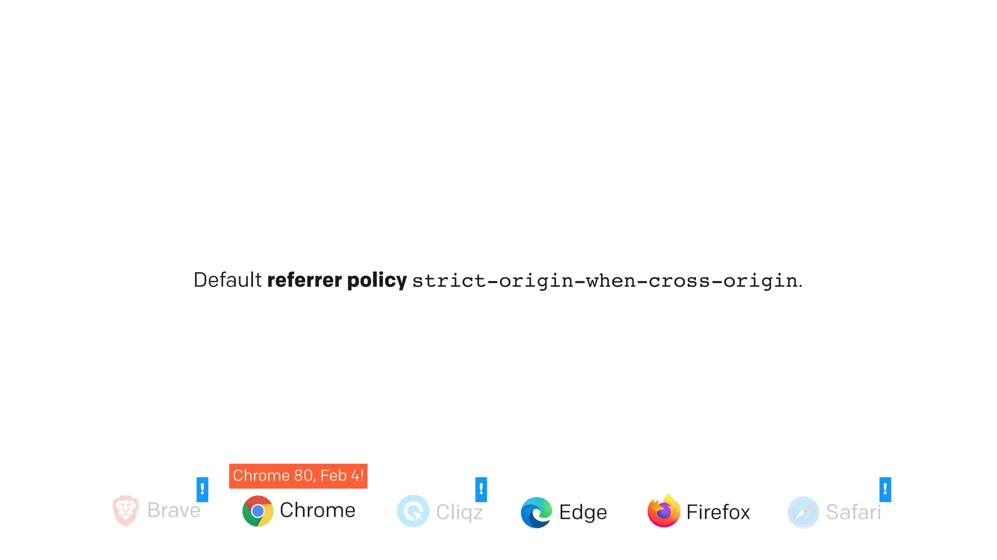 Brave Chrome Cliqz Edge Firefox Safari
Default referrer policy strict-origin-when-cross-origin.
Chrome 80, Feb 4!
! !!
 