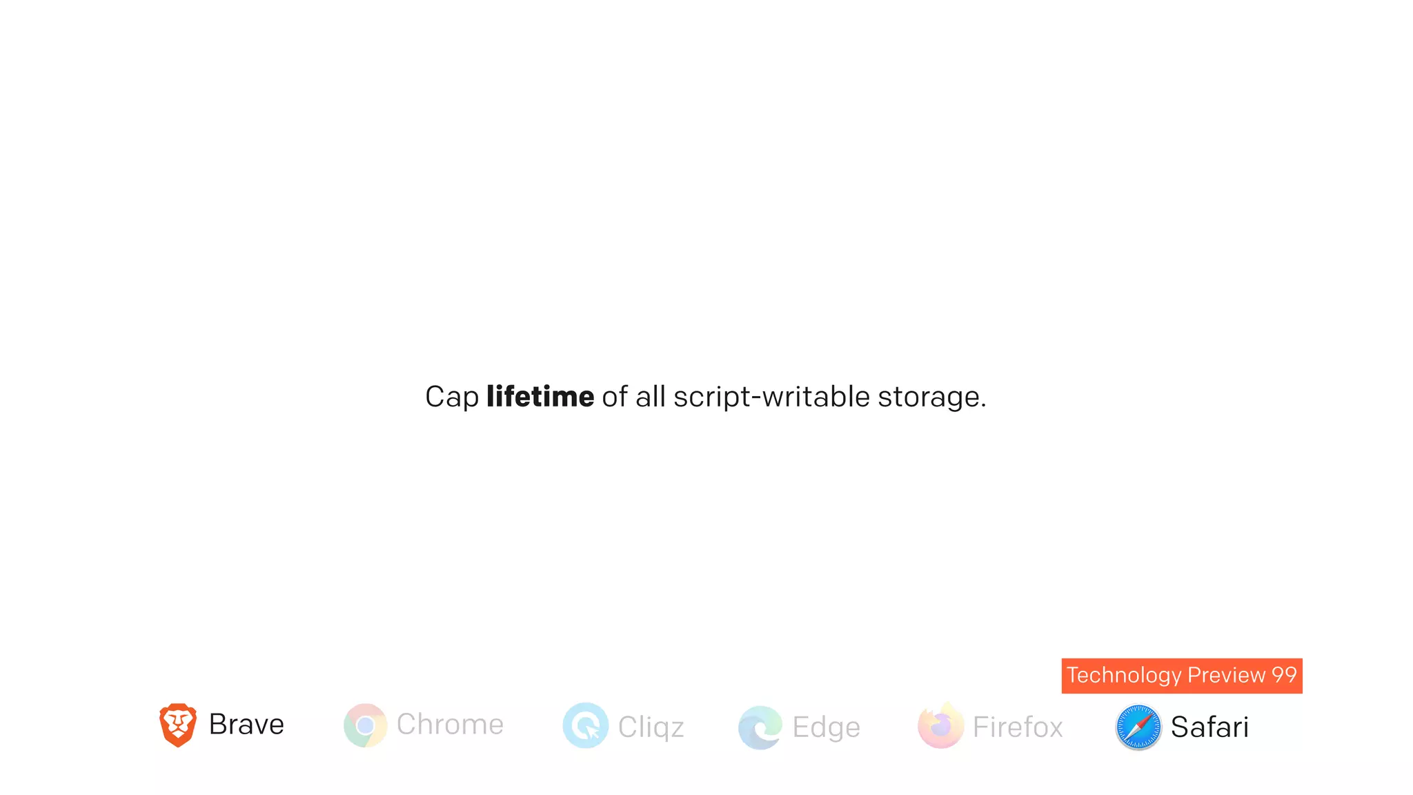 Cap lifetime of all script-writable storage.
Brave Chrome Cliqz Edge Firefox Safari
Technology Preview 99
 