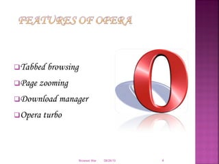 Tabbed browsing Page zooming Download manager Opera turbo 08/26/10 Browser War 