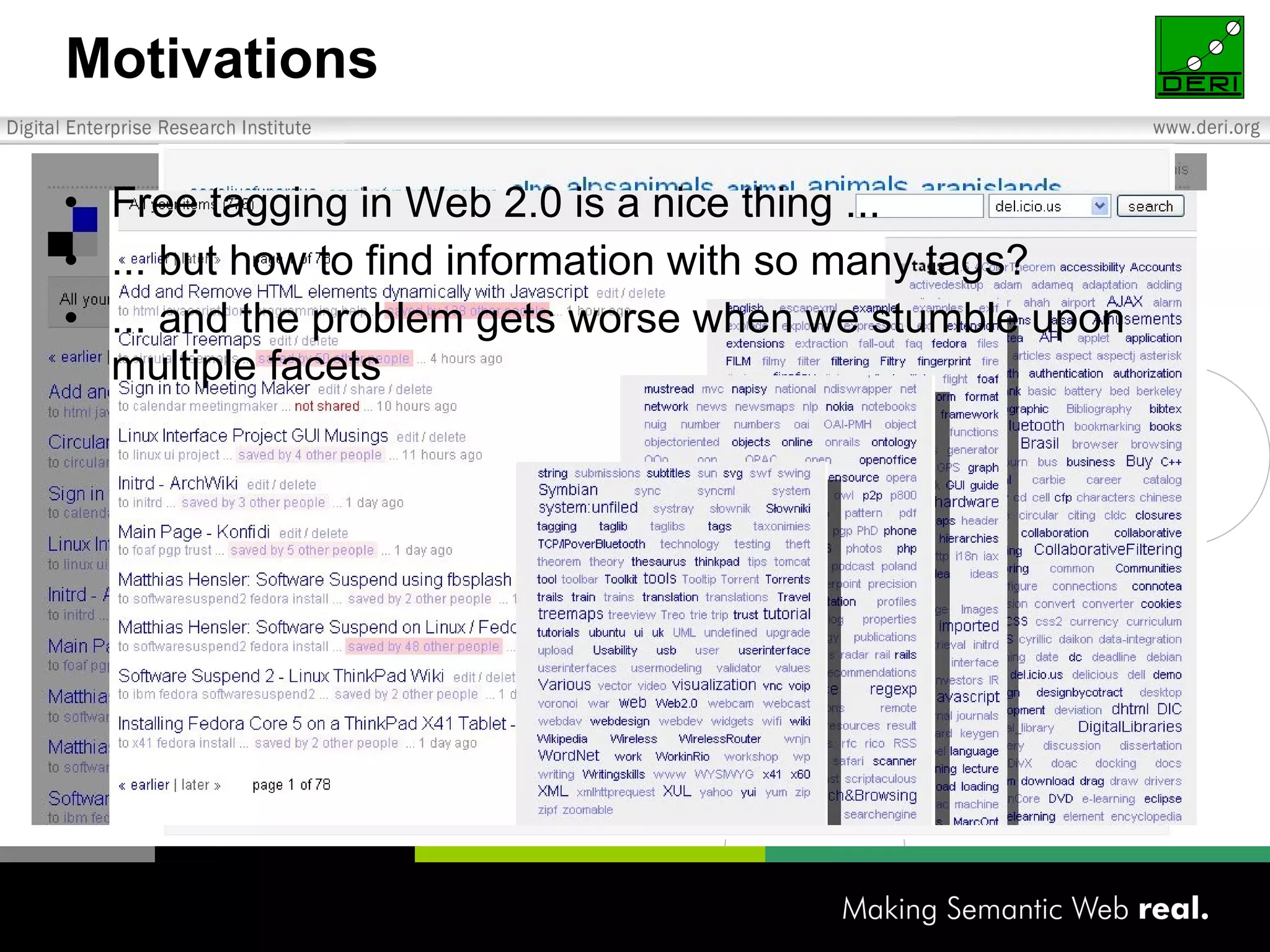 Motivations  Free tagging in Web 2.0 is a nice thing ...  ... but how to find information with so many tags? ... and the problem gets worse when we stumble upon multiple facets 